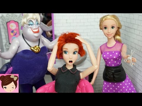 Rapunzel Cuts off Ariels Hair IRL at Barbie's Hair Salon - BAD Villain Ursula - Doll Stories Video