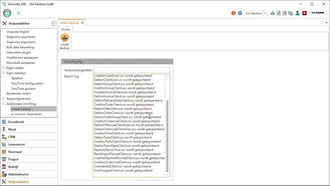 Uniconta - Hulpmiddelen - Lokale backup