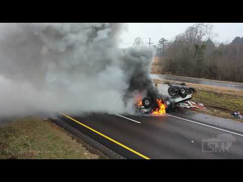 02-14-2021 Terry, Ms I-55 closed, accidents from freezing rain, truck flipped on fire, drone