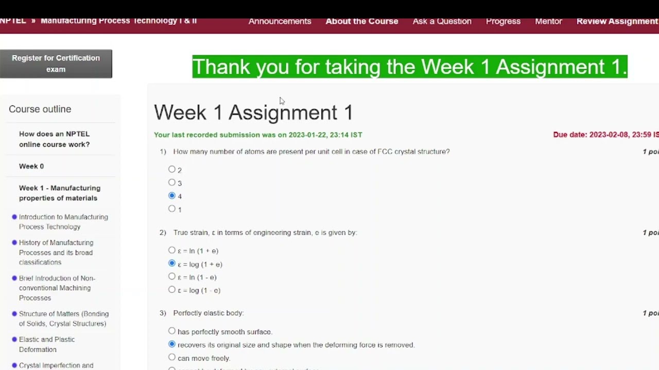 Manufacturing Process Technology Week 1 Assignment Answers Nptel 2023