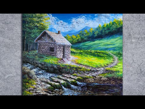 Acrylic Landscape Painting Tutorial / Riverside Old Stone House / Fine Art Techniques