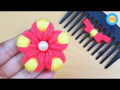 Super Easy WOOLEN FLOWER MAKING with Hair Comb - Hand Embroidery Design - NO CROCHET FLOWER