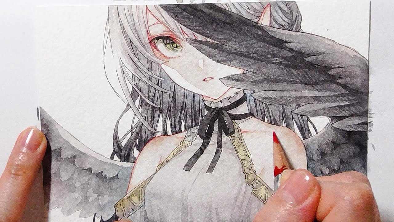 【透明水彩】イラストメイキング【黒い羽の天使】●Watercolor Painting