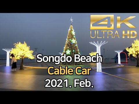 Praia e teleférico de Songdo, Busan Korea Walk, 2021. Fevereiro [4K]