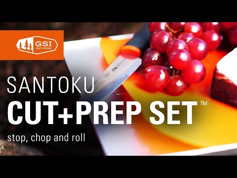 GSI Outdoors | Santoku Cut + Prep - Stainless Steel Knife + Roll Up Cutting Board Set