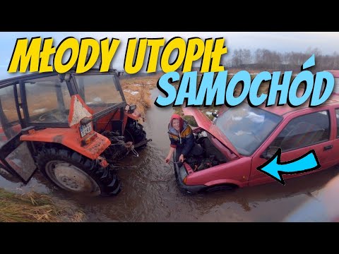 Młody utopił samochód w rzece i jeszcze na koniec zepsuł traktor