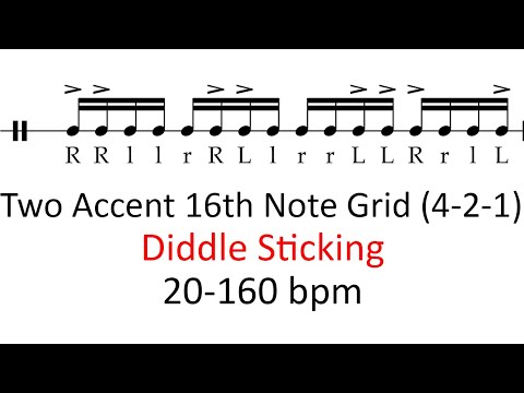 Diddle sticking (2 accents) | 20-160 bpm play-along 16th note grid drum practice sheet music