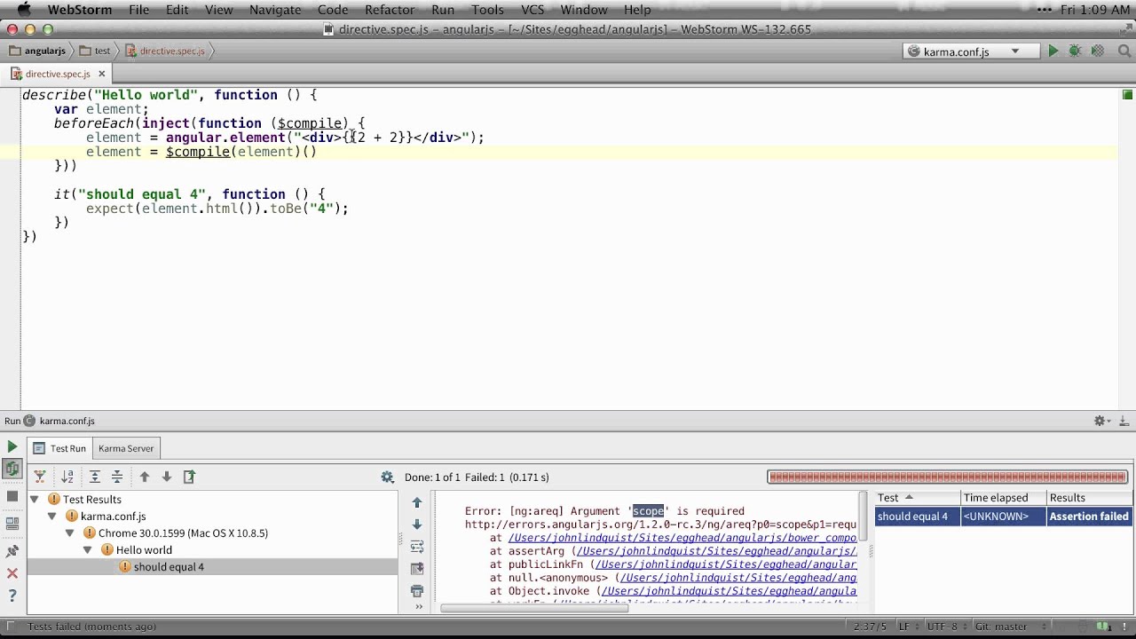 Egghead.io - AngularJS - Unit Testing Hello World