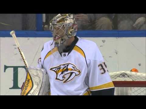 Pekke Rinne checked by net lulz. Nashville Predators vs St. Louis Blues Nov 13 2014 NHL