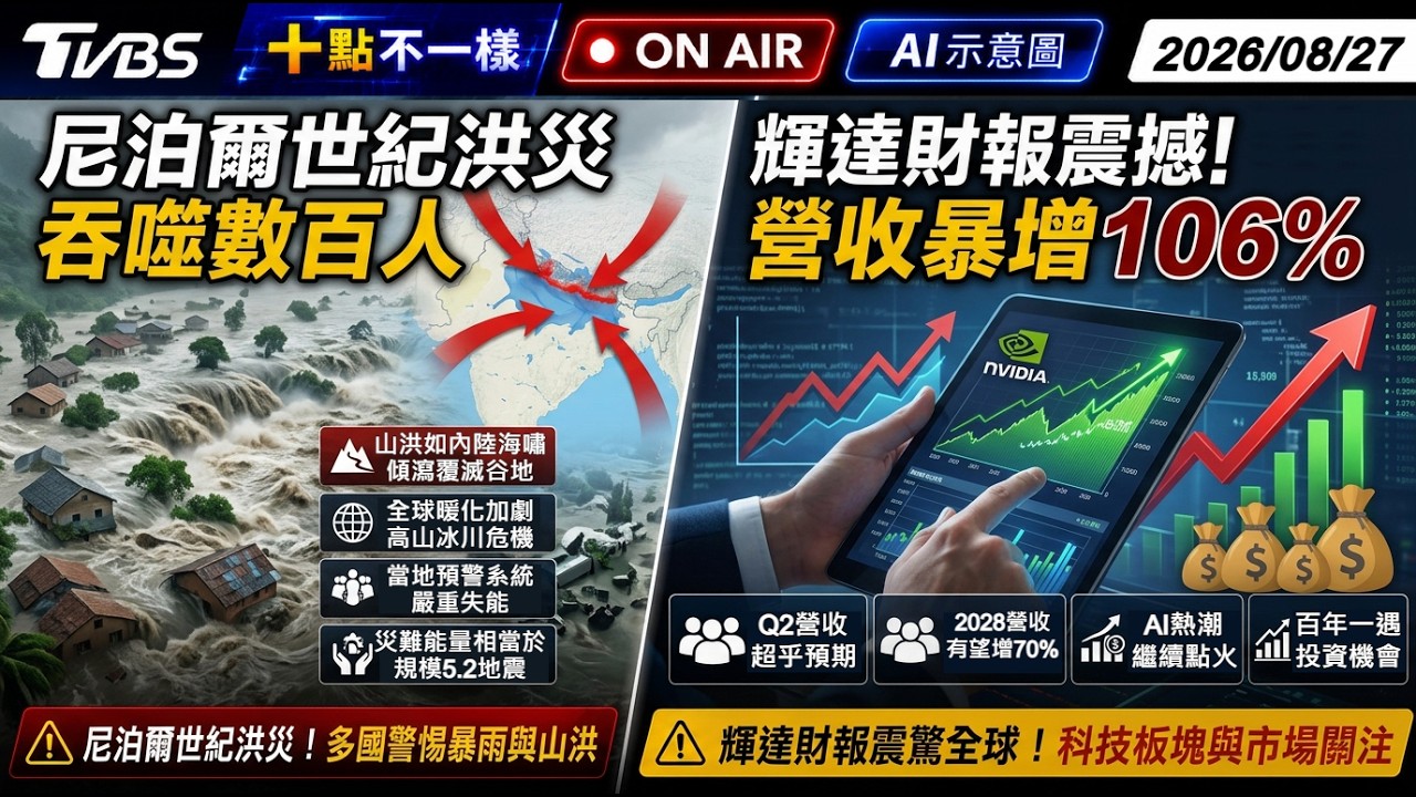【0827 十點不一樣LIVE】尼泊爾世紀洪災吞噬數百人         輝達財報震撼彈！營收暴增 106%