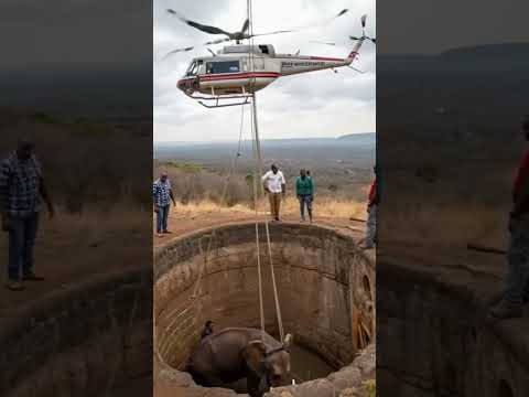 Helicopter rescues trapped elephant from deep well in a daring wildlife operation. #WildlifeRescue