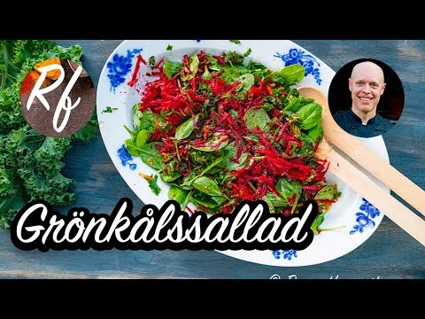 Grönkålssallad med rivna rödbetor och morötter, babyspenat och halverade cocktailtomater i en enkel och god dressing med olivolja, salt och risvinäger.>