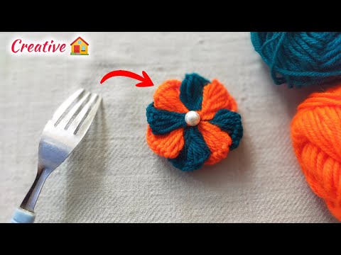 Amazing Woolen Flower Craft Idea Using Fork Trick | Easy Handmade Flower Making | Woolen Crafts