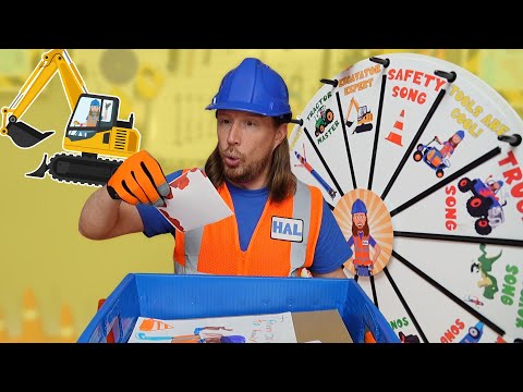 Construction worker in safety vest and blue hard hat places a drawing into a blue bin, with a colorful wheel backdrop behind him.