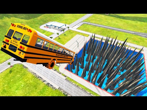 BeamNG drive - Jumping Cars Into Pool with Spikes