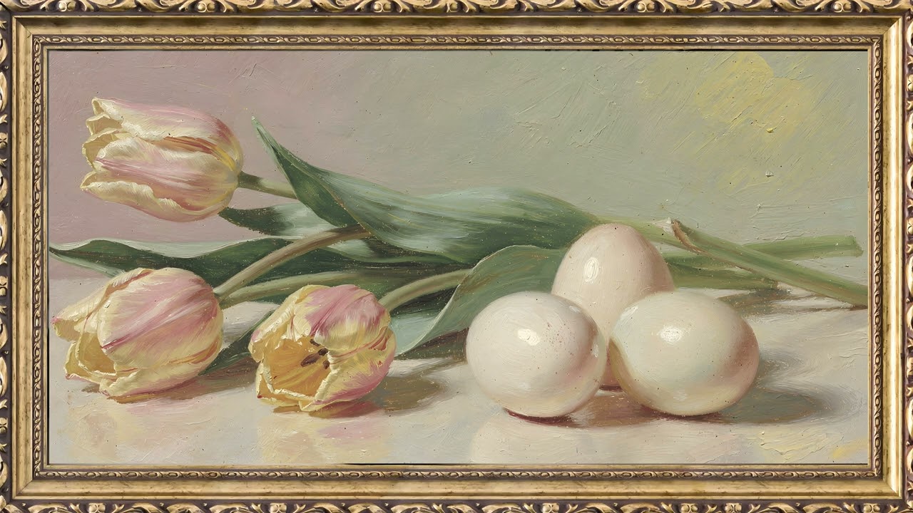 Soft Pastel Tulips & Easter Eggs Gold Frame 🌷 4K Frame TV Art | 2 Hour Aesthetic Background — 4K ambient art screensaver in baroque gold frame