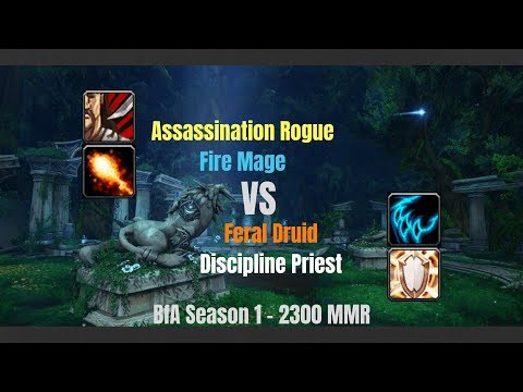 Assa Rogue Fire Mage vs Feral Druid Disc Priest - 2300 MMR - BfA Season 1