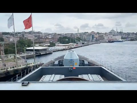HMS Defender leaves Istanbul and sails through the Bosphorus