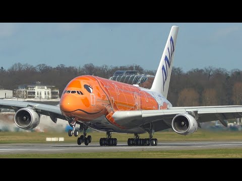 AIRBUS A380 LANDING + DEPARTURE - FIRST FLIGHT of the RED A380 in special colours (4K)