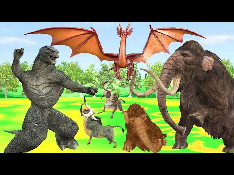 Godzilla vs Dragon vs Mammoth Fight Baby Mammoth Elephant Giant Animal Fights Videos Cartoon Animals