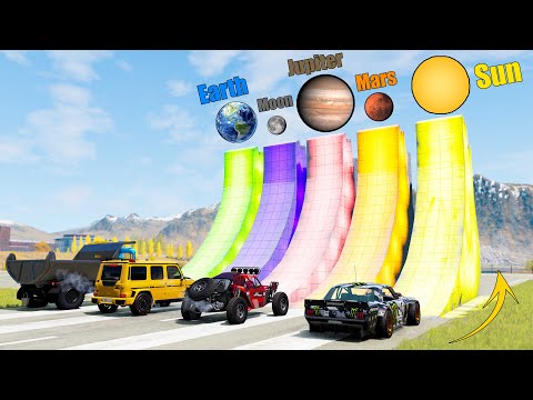 Which Ramp with Different Gravity Give Highest Jump?(earth, moon, jupiter, mars, sun) - Beamng drive