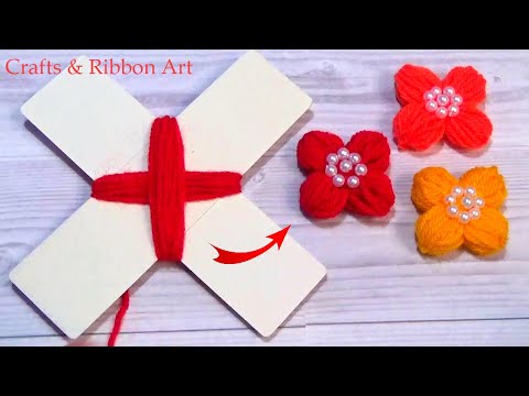 Amazing Woolen Flower Ideas with Paper -  Easy Woolen Flower Making - Hand Embroidery Trick