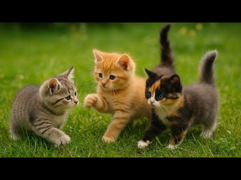 Kittens playing on the grass, Mama Cat Trims Fur on the Farm