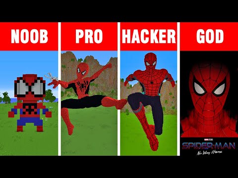 Minecraft NOOB vs PRO vs HACKER vs GOD: SPIDER-MAN STATUE HOUSE BUILD CHALLENGE in Minecraft