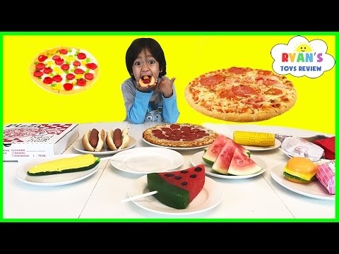 GUMMY FOOD VS REAL FOOD CHALLENGE taste test! Kid Fun giant candy review Ryan ToysReview