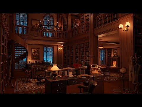 Cozy Library Room - Thunder & Rain Sounds, Crackling Fireplace | 10 Hours