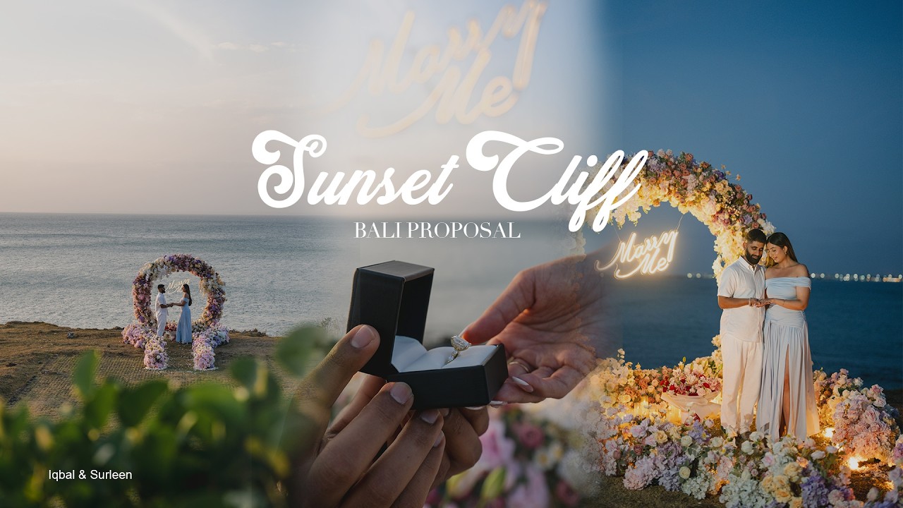 Video thumbnail: Iqbal and Gurleen, sunset cliff proposal with a ring box and flower arch