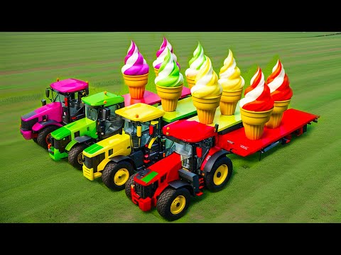 LOAD AND TRANSPORT MONSTER ICE CREAM WITH JOHN DERRE TRACTORS - Farming Simulator