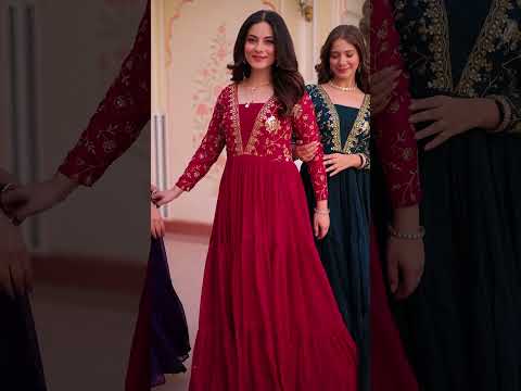 Rani Pink Faux Blooming Fabric Embroidered Gown with 12-Meter Flair & Fancy V-Neck Design