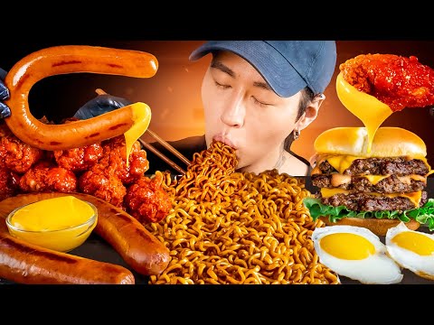 ASMR MUKBANG | Fried Chicken, Black Bean Fire Noodles, Triple Cheeseburger, Sausage |