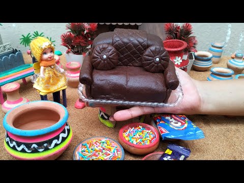 Make miniature realistic softest Chocolate sofa cake step by step in my miniature village|real cake