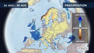 Monthly precipitation forecast for Europe 22/8/2026