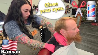 Never Pampered Before. Junkyard Owner’s First Taste of Care. ASMR Haircut, Shave, Massage, Waxing 🇺🇸