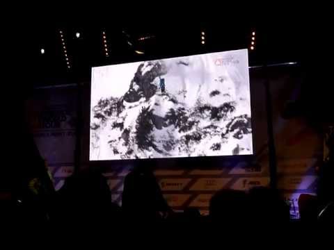 Loic Collomb-Patton celebrates his 1st place victory in the FWT15 Chamonix