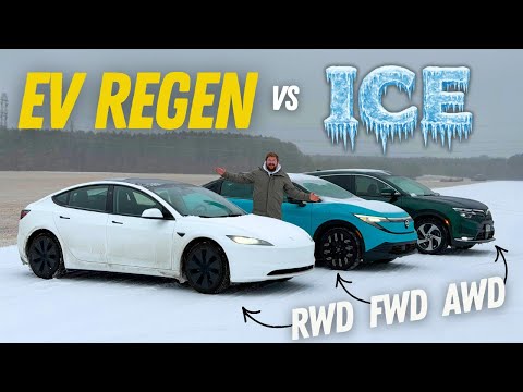 Is Electric Car Regen Dangerous On Ice? I Brought A RWD, FWD, & AWD EV To A Snowy Track To Find Out