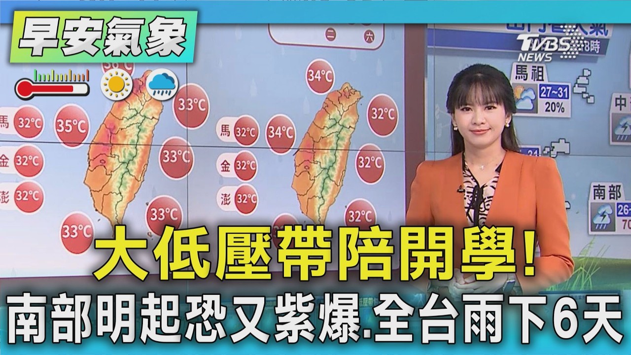 天氣/ 大低壓帶陪開學!南部明起恐又紫爆.全台雨下6天 不排除擾動成颱｜氣象主播 謝宜倫｜早安氣象｜TVBS新聞 20260830@TVBSNEWS01