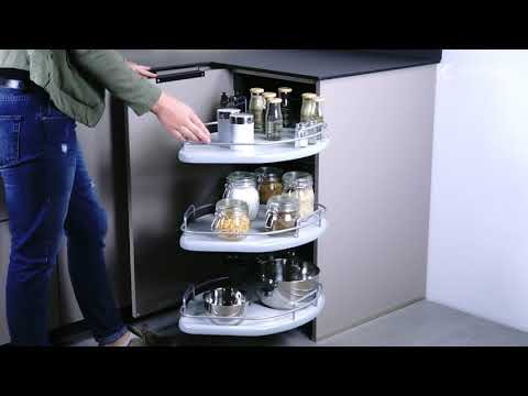 Meuble bas d'angle avec trois plateaux coulissants