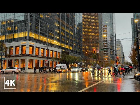 【4K Rain Walk】Walking in Downtown Vancouver Canada, (Binaural City Sounds) 4K Rain Ambience