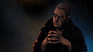 cartoon rendering of evil looking man in the rain