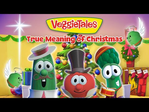 VeggieTales characters in a festive Christmas scene with a decorated tree, presents, stockings, and the logo 'VeggieTales True Meaning of Christmas'.