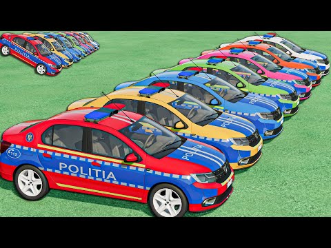 TRANSPORTING ALL COLORS DACIA LOGAN POLICE CARS on LOW LOADER ! FS22
