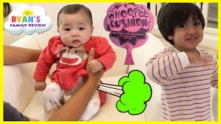 Twin Babies Fart with Kids Farting Toy Prank Whoopie Cushion! Ryan&#39;s Family Playtime with baby