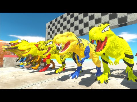 Team Yellow Superheroes T-rex vs Spinosaurus Speed Race Championship Hunting Found Jurassic world
