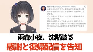 雨森小夜、沈黙破る　感謝と復帰配信を告知【にじさんじ】