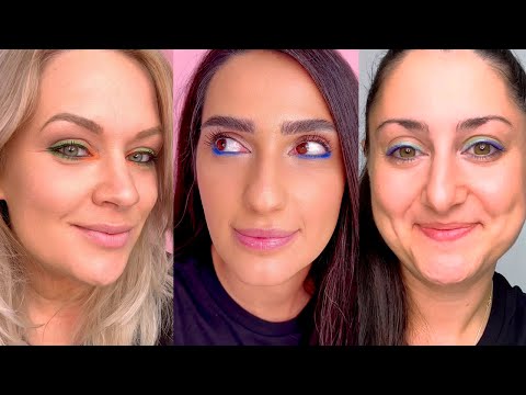 Tre olika tutorials, där tre tjejer visar hur man målar en färgstark kajal runt ögonen.