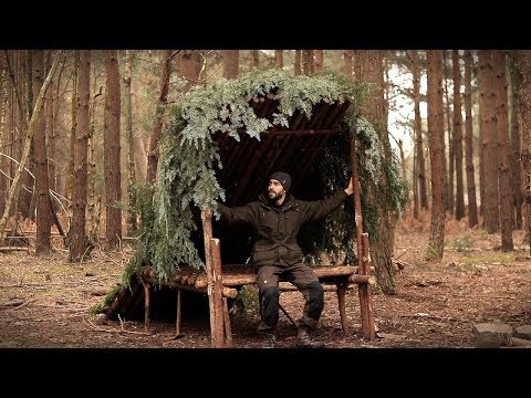 Raised Bushcraft Shelter Bed with Hand Tools: Full Build from Start to Finish